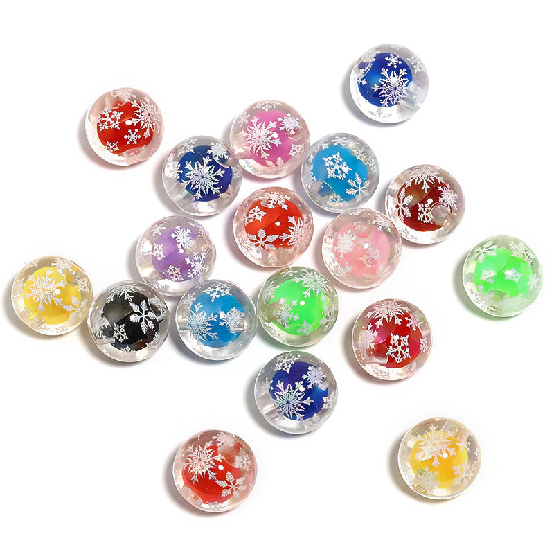 Wholesale 100pcs Christmas Color Printed Beads Metallic Snowflake DIY Beads